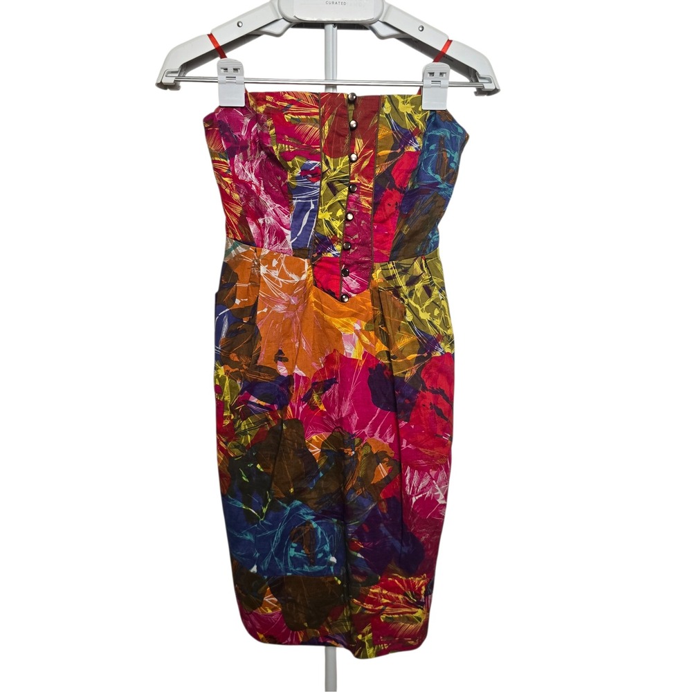 Moulinette Soeurs Strapless Abstract Print Cotton Midi Dress Button Front Size 2 - Picture 2 of 11